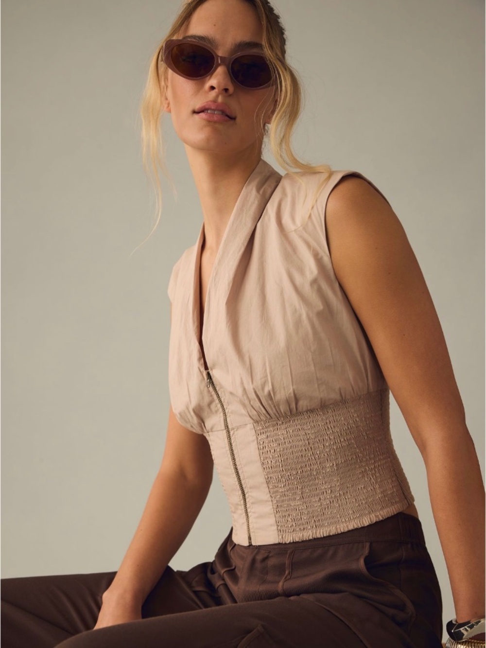 Anthropologie Maeve Sleeveless Zip-Front Top Light Grey